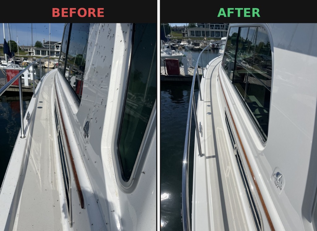 Before and after boat detailing — hull cleaning and polish on a cabin cruiser